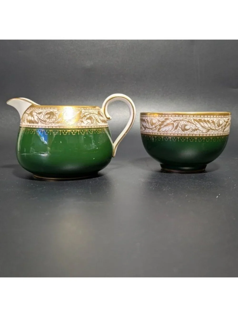 Spode Green Gold Creamer Sugar Bowl Set Fine Bone China Elegant Design